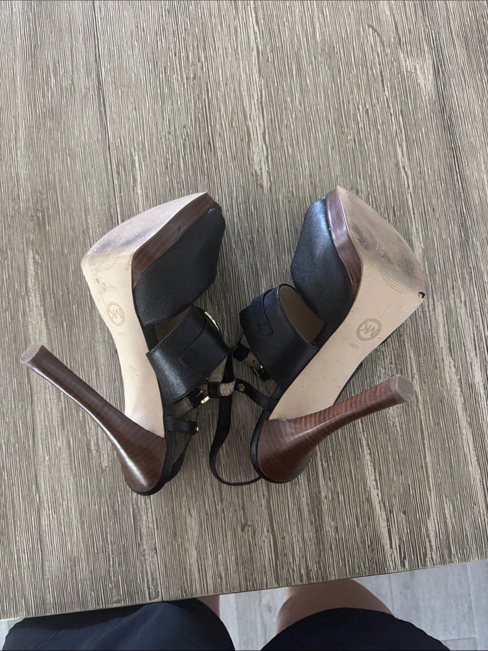 Michael Kors Black Open-Toe T-Strap Heels with Gold Hardware